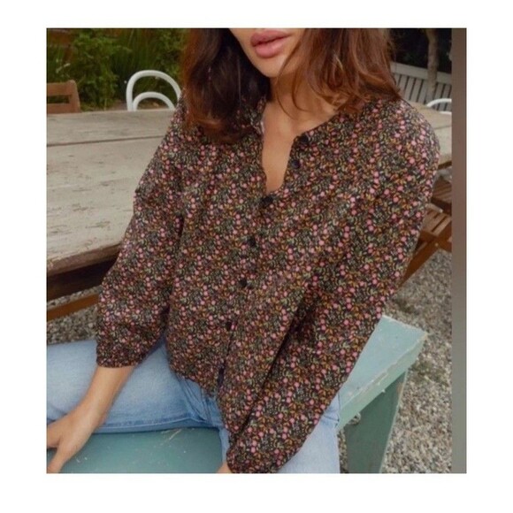 Nation LTD Paisley Pintuck Crop Shirt Button Ditsy Floral Black Multicolor Sz M - Picture 1 of 11